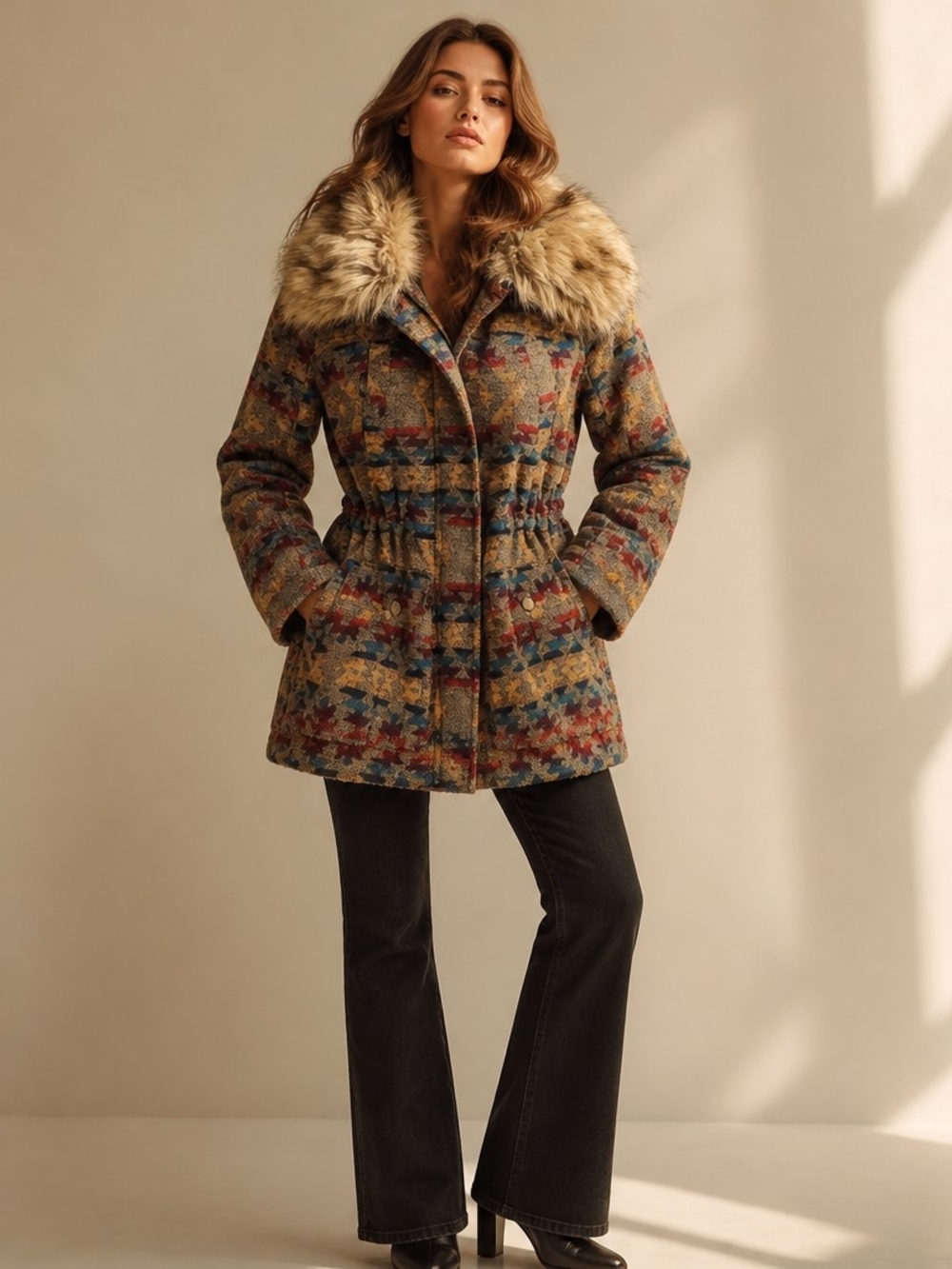 Bongo Brown Fur Trimmed Jacket Coat Aztec Boho Southwestern Western Size Medium